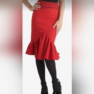 Hell Bunny Vixen Wiggle Pinup Rockabilly Dot Ruffle Bow Retro Red Skirt XL